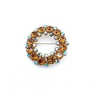 Vintage Kramer Statement Circle Brooch, Gold Tone Topaz Crystals and AB Stones